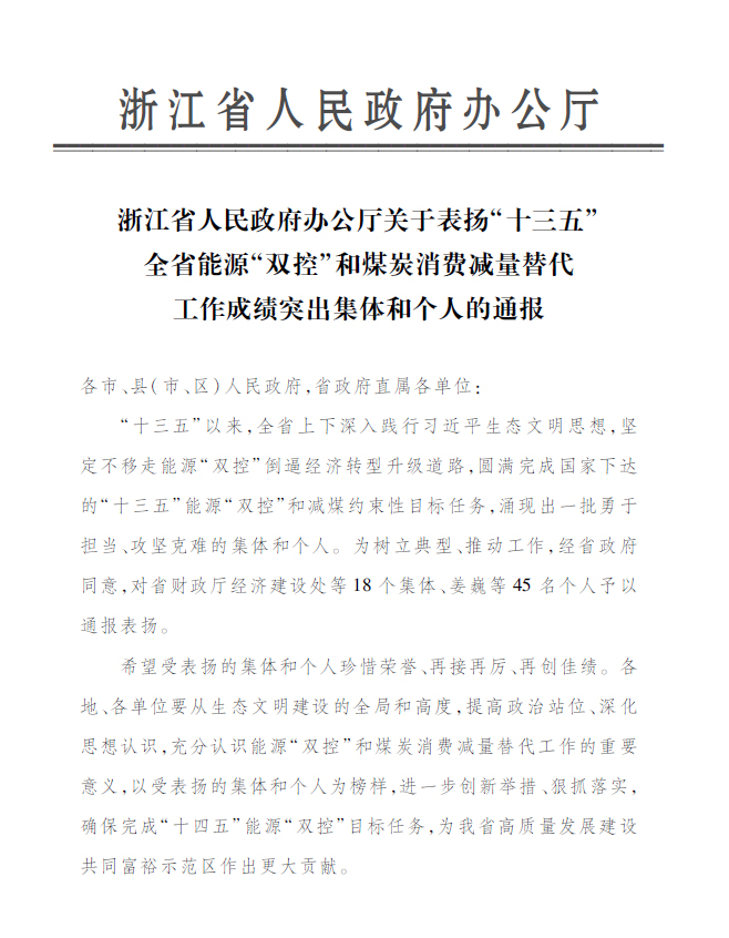 尊龙凯时永嘉公司付金轩获“浙江省能源‘双控’事情效果突出小我私家”表扬